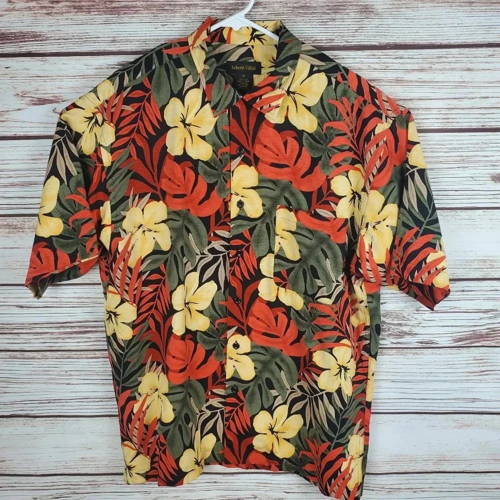 Roberto Villini Mens Medium 100% Silk Floral Hawaiian Shirt                 #115